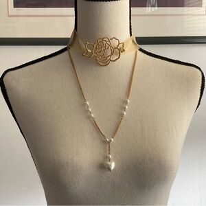 Vintage Choker and Lariat Necklace. Gold tone metal with faux pearls